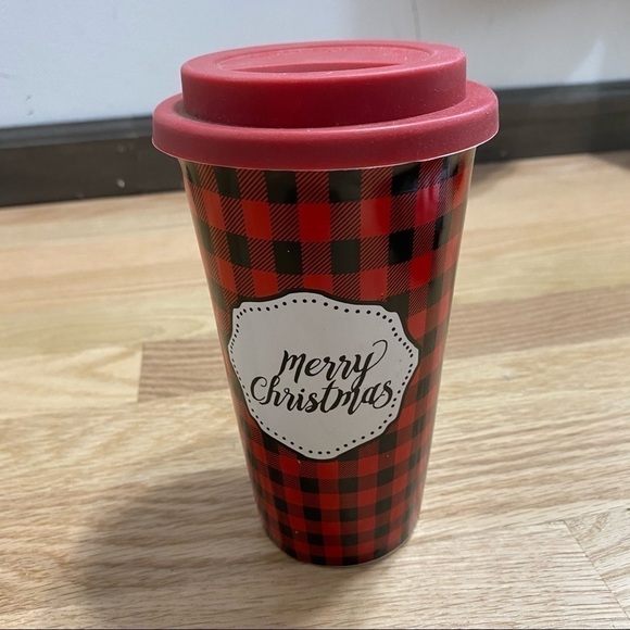 Merry Christmas Buffalo Plaid Ceramic Coffee Travel Mug NWT Silicone Lid - Picture 3 of 8